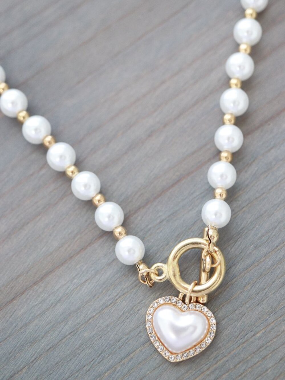 Pearl Heart Shape CZ Diamond Halo Style Necklace Toggle Closure 18k Gold Plated